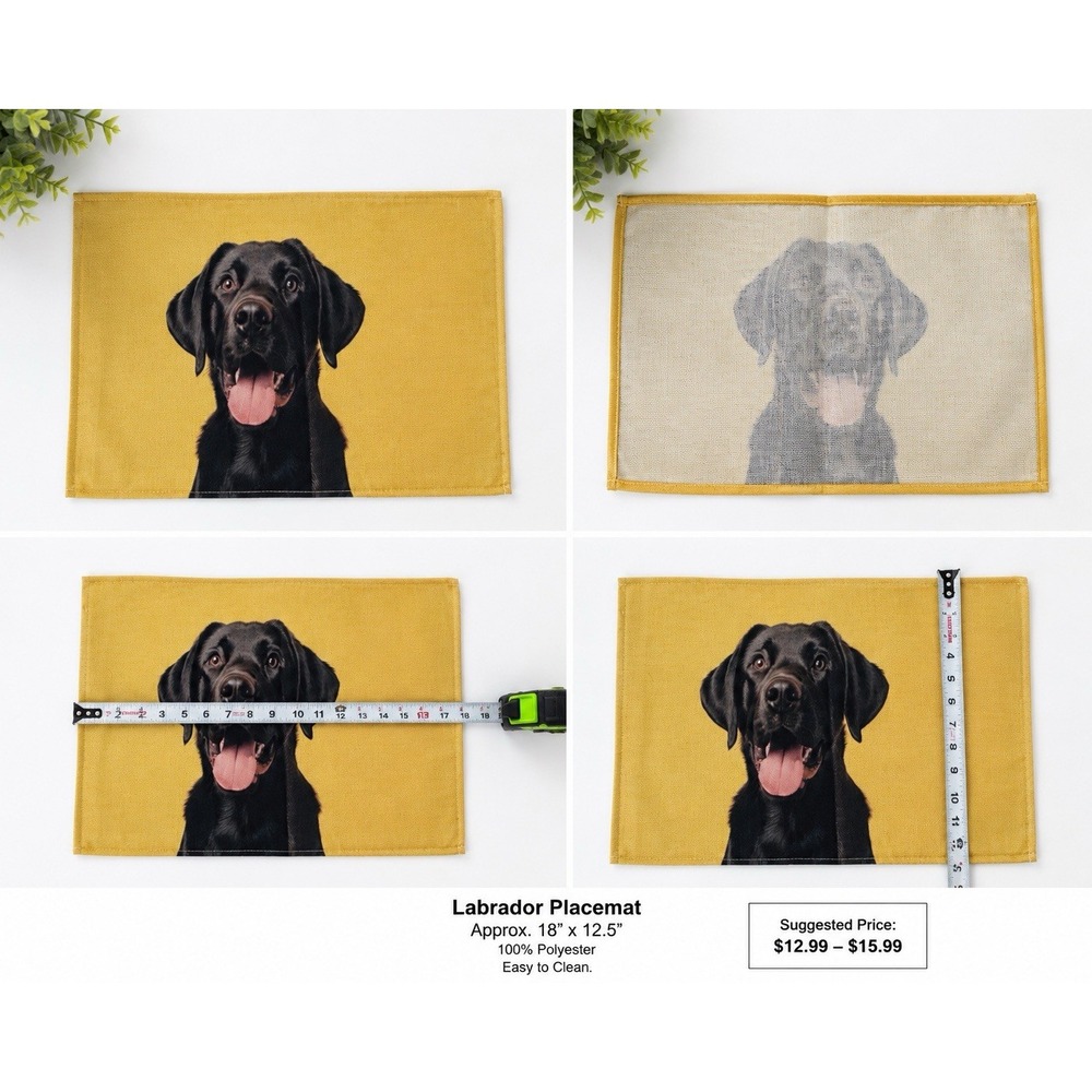 Black Labrador Retriever Placemats Set of 4 Yellow Dog Portrait 18x12.5 Gift Dog